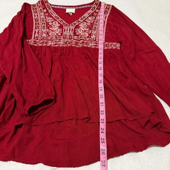 Knox Rose Embroidered V-neck Top Long Sleeves Boho Peasant Size Small Deep Red B - Picture 10 of 11
